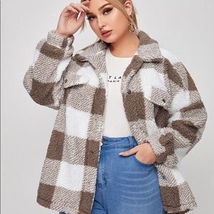 SHEIN Plus Flap Detail Buffalo Plaid Teddy Coat